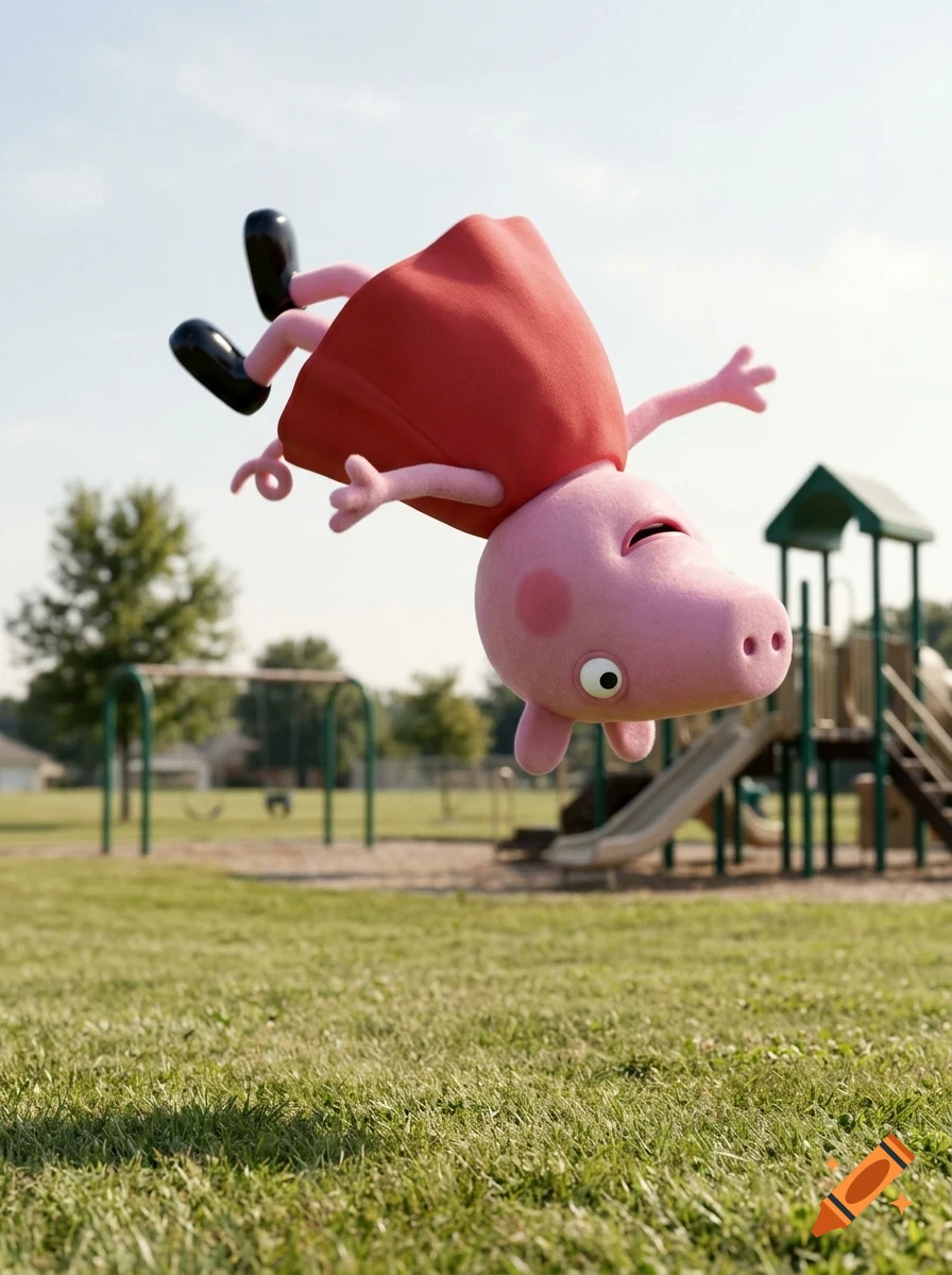 Peppa Pig doing a flip in the air above a playground.