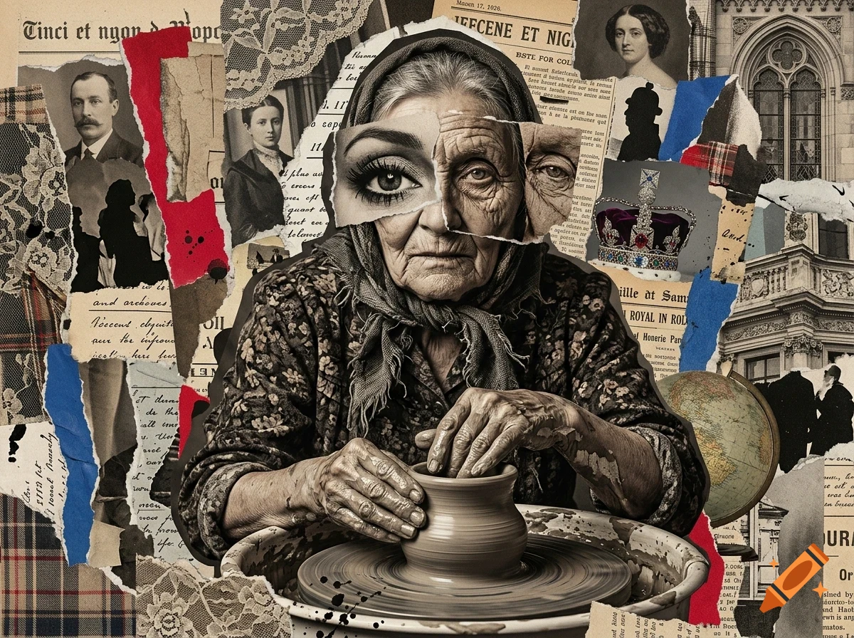 An artistic mixed-media collage featuring an elderly woman working on a pottery wheel, surrounded by newspaper clippings, photographs, lace, and architectural elements.