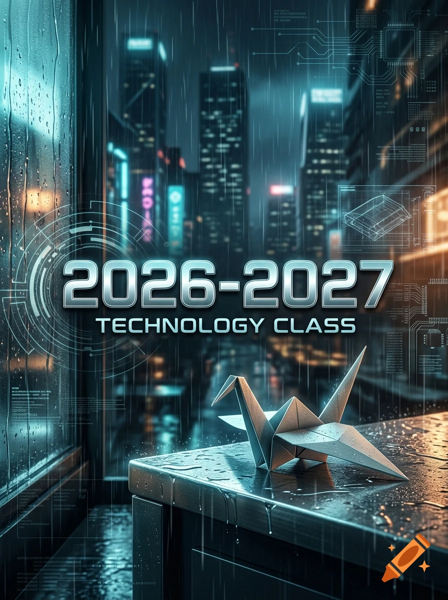 A futuristic city skyline in the rain with a glowing origami crane on a wet surface and the text 2026-2027 technology class.