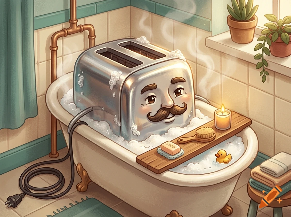 An anthropomorphic toaster with eyebrows and a mustache taking a warm bubble bath in a vintage bathtub.