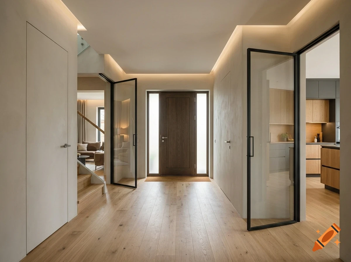 Modern hallway with light wood flooring, a central dark wood front door, recessed ceiling lighting, and glass doors opening to adjoining rooms.