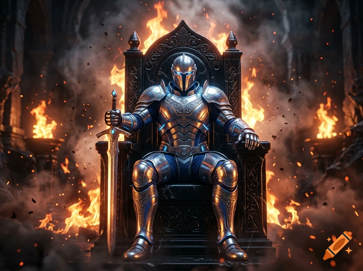 A knight in ornate silver armor sits on a stone throne, holding a glowing sword against a backdrop of fire and smoke.