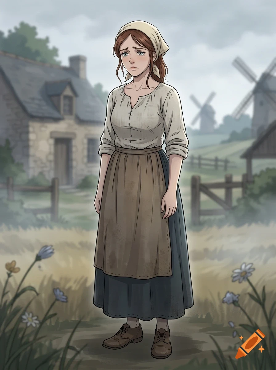 An anime-style illustration of a sad young woman in historical peasant clothing standing outside a rural village with windmills.
