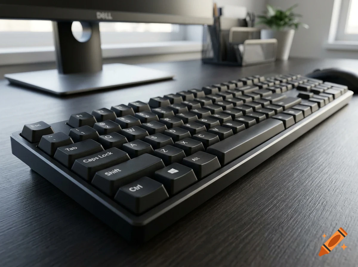 A black computer keyboard sits on a dark wooden desk in an office setting, with a monitor and desk organizer blurred in the background.