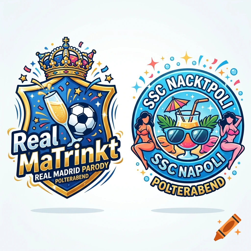 Two colorful cartoon-style party logos featuring soccer, champagne glasses, bikini-clad women, and text reading 'Real MaTrinkt' and 'SSC NacktPoli'.