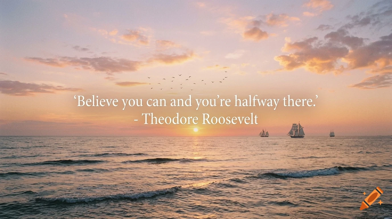 An inspirational quote overlaid on a photograph of a calm ocean sunset with distant sailboats.