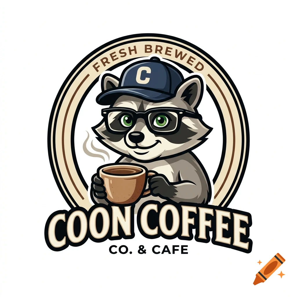 Logo of a raccoon wearing glasses and a cap holding a cup of coffee, with the text "COON COFFEE CO. & CAFE"