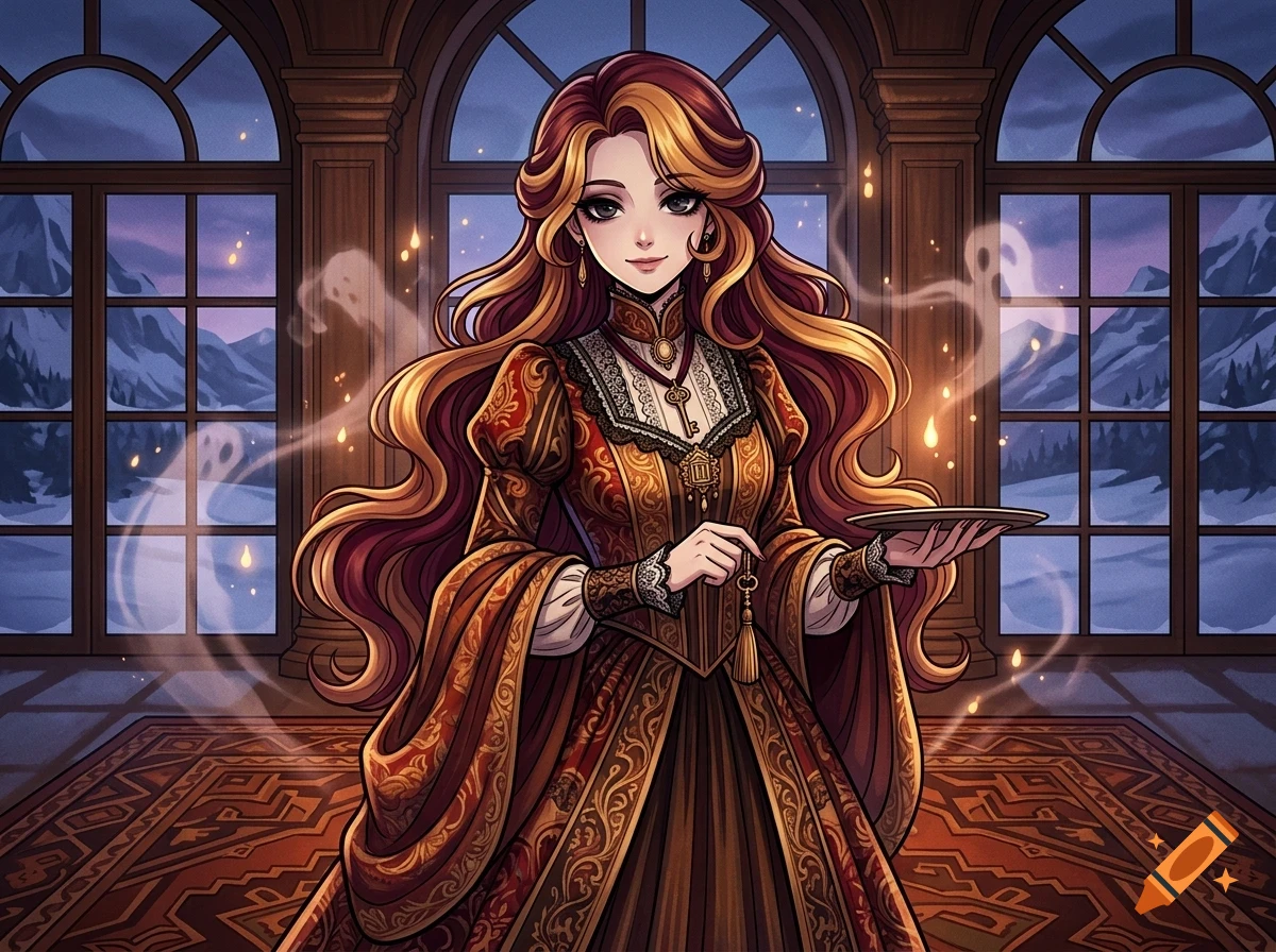 An anime-style illustration of a smiling woman with long brown hair wearing a vintage gown in a grand room with arched windows.