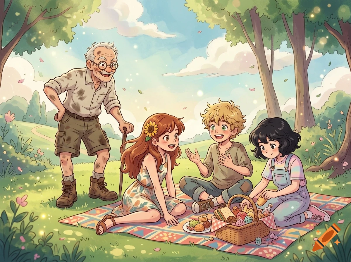 An elderly man and three children having a picnic on a checkered blanket in a sunny grassy park with trees.