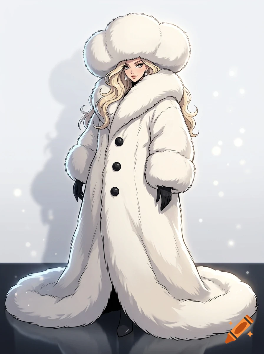 An anime style illustration of a blonde woman wearing a large white furry coat, matching oversized winter hat, and black gloves.
