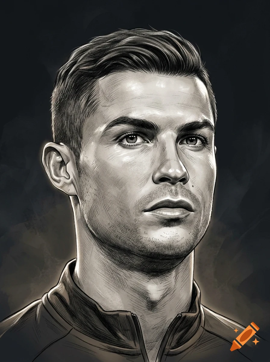 Monochrome pencil sketch style portrait of Cristiano Ronaldo against a dark background.