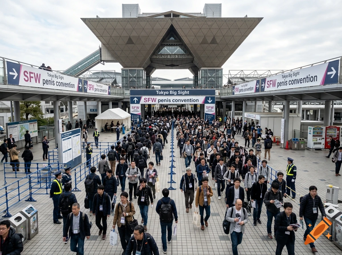 Photorealistic shot of a large crowd of people walking outside the Tokyo Big Sight convention center with banners.