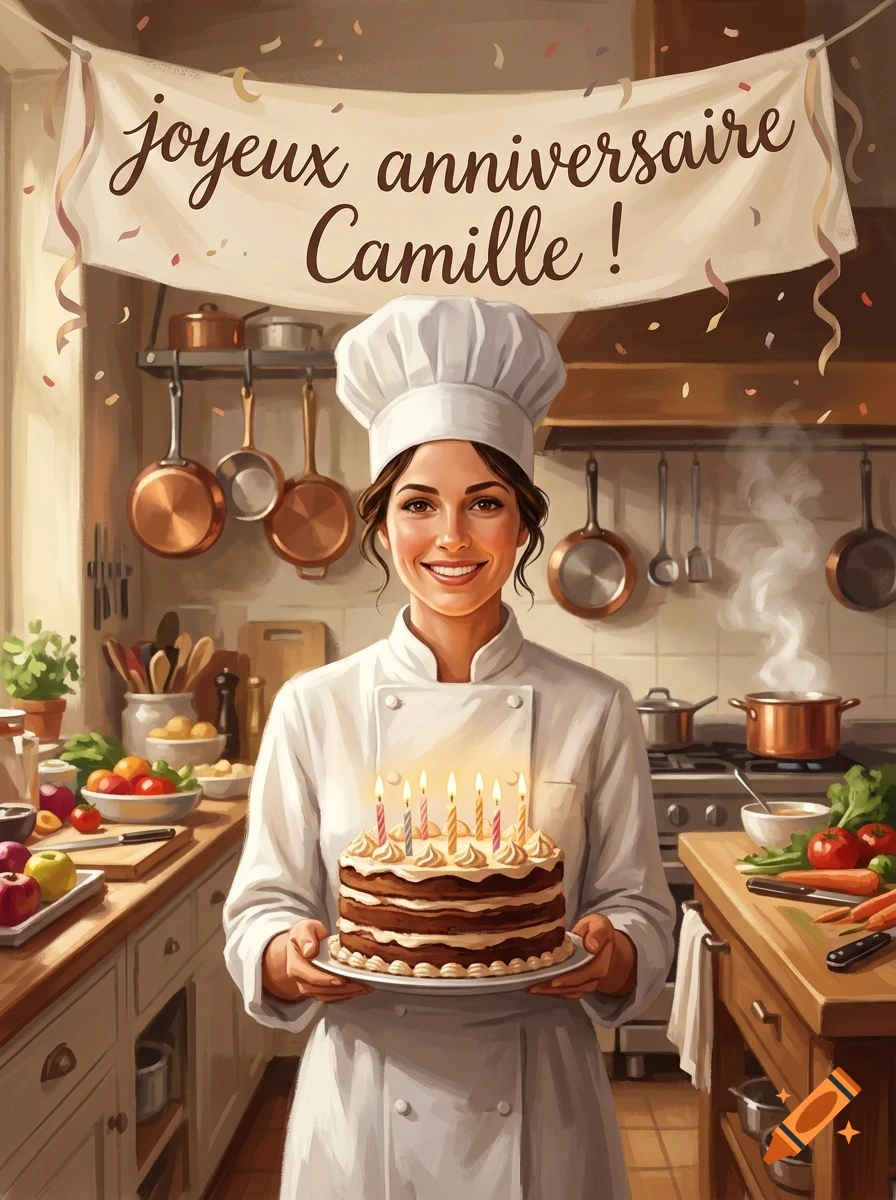 A smiling female chef in a white uniform holds a birthday cake with lit candles in a kitchen, with a banner that reads Joyeux anniversaire Camille!