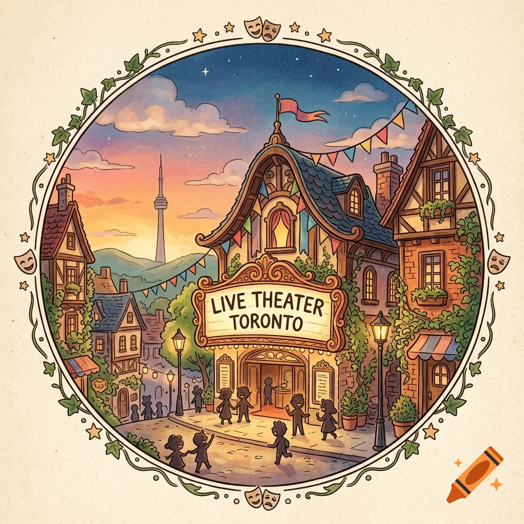 An illustrated round scene featuring a theater with a marquee reading 'LIVE THEATER TORONTO' in a quaint town street, surrounded by buildings and silhouetted people.