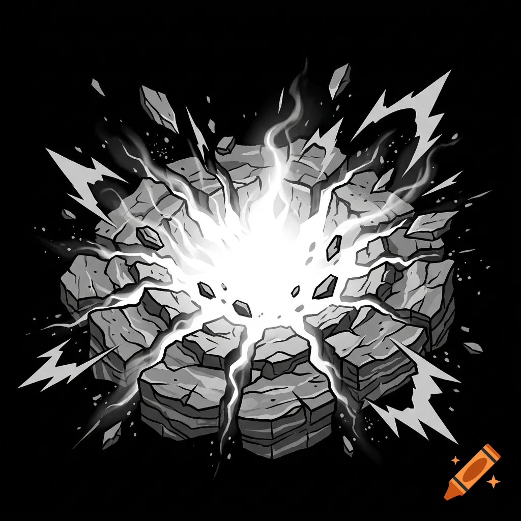 An explosion bursting from a cracked, rocky ground with flying debris and smoke in a black and white illustration style.