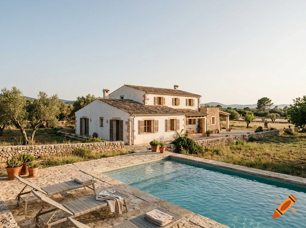 A rustic two-story stone house with a tiled roof sits in a rural landscape, featuring a swimming pool in the foreground with lounge chairs and potted plants.
