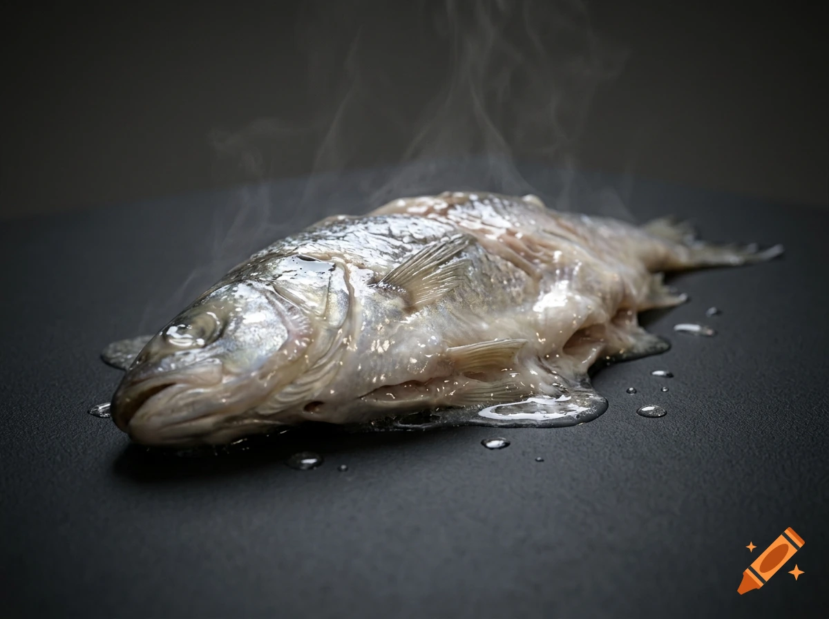 Photorealistic image of a steaming, melting fish on a dark surface.