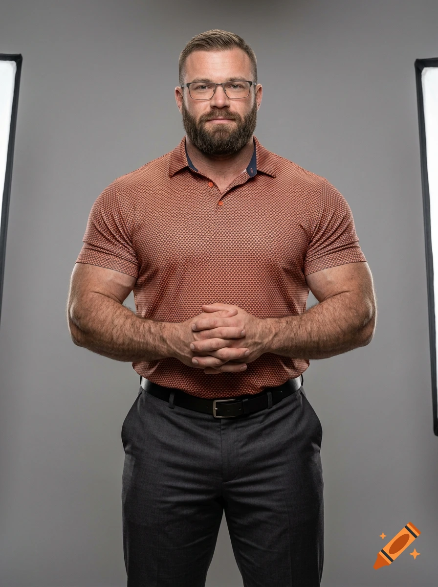 Photorealistic portrait of a heavily muscular man with a beard and glasses, wearing an orange patterned polo and charcoal dress pants.
