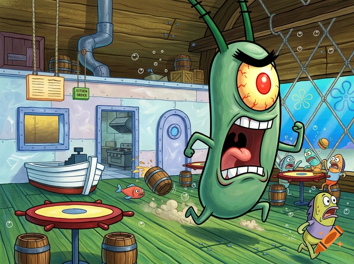 Plankton running angrily through the Krusty Krab restaurant with panicked patrons fleeing.