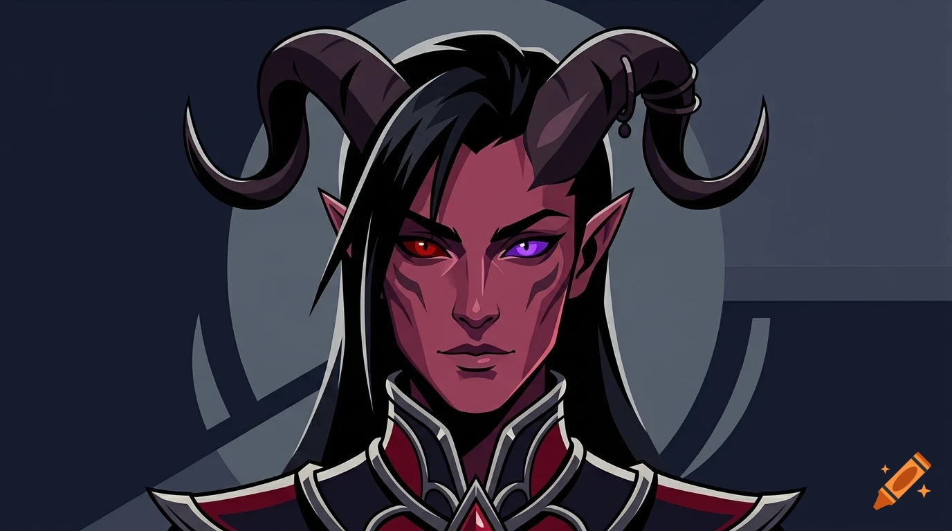 Portrait of a horned fantasy character with dark purple skin, long black hair, pointed ears, and heterochromia with one red eye and one purple eye, wearing dark armor.