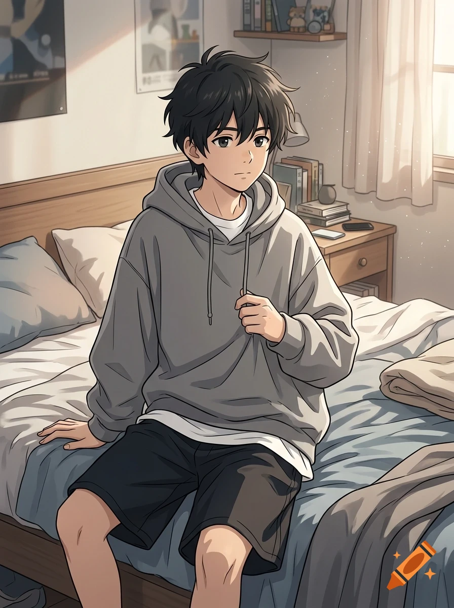 An anime-style illustration of a young man with dark hair sitting on a bed in his bedroom, wearing a grey hoodie.