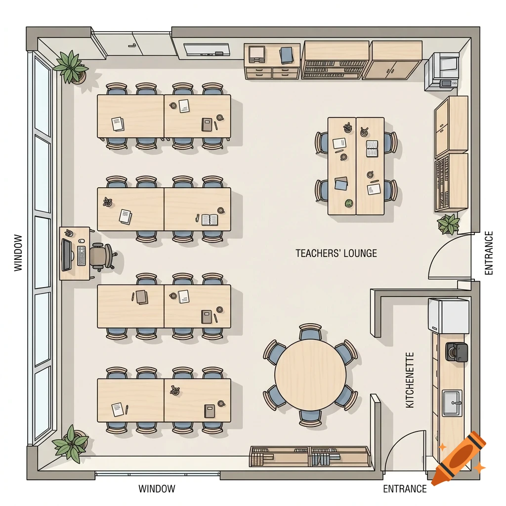 An architectural floor plan diagram of a teachers' lounge showing desks, a round table, a kitchenette, and storage cabinets from a top-down view.