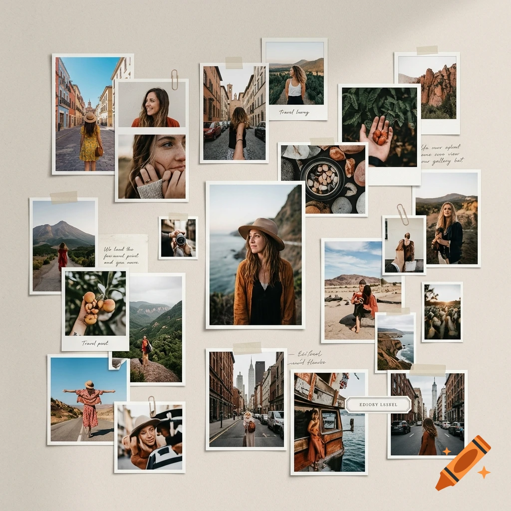 A photo collage of various travel polaroids, scenic landscapes, and portraits.