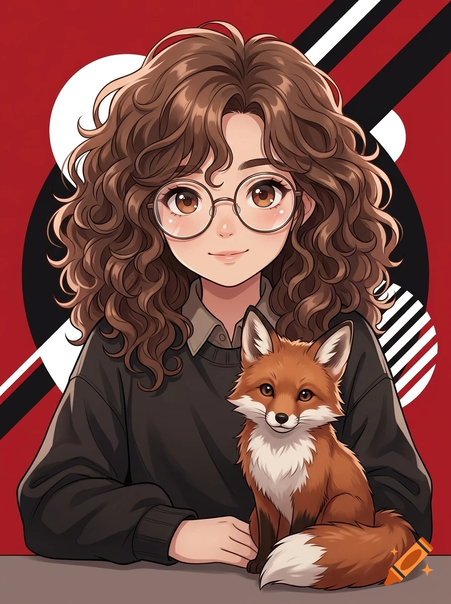 An illustrated portrait of a young person with curly brown hair and glasses, holding a small red fox, against a red and black geometric background.