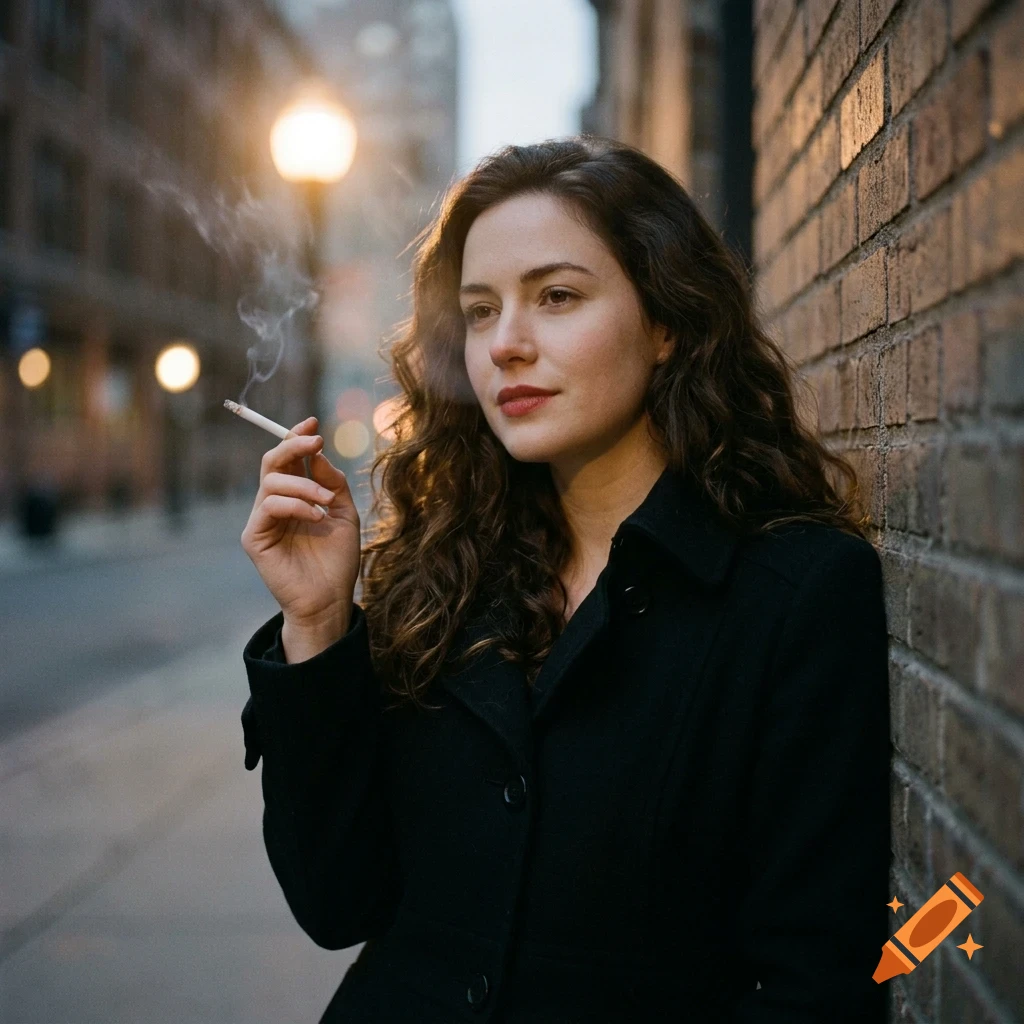 A woman in a black coat leaning against a brick wall on a city street at night, holding a lit cigarette.