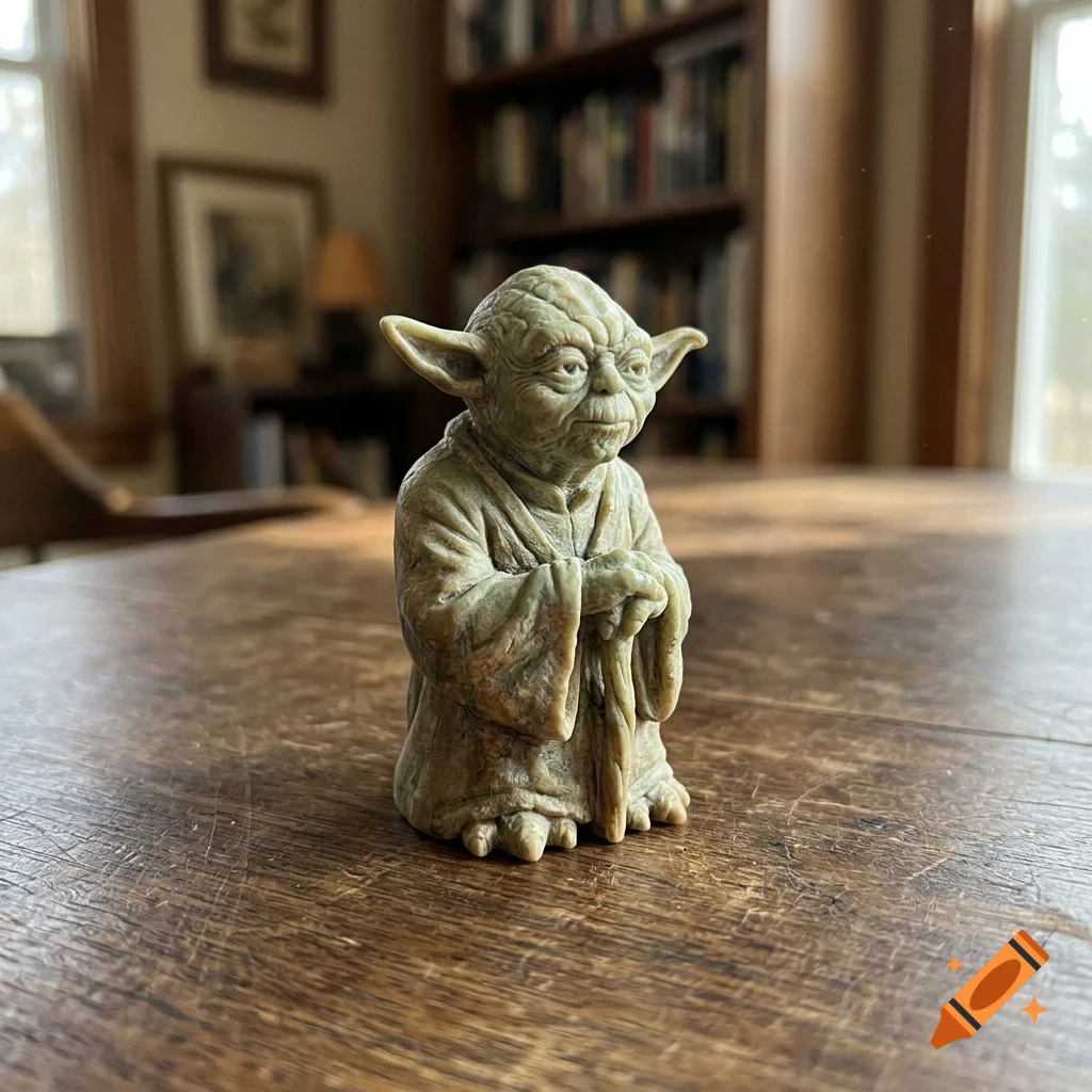 A small carved stone figurine of the fictional character Yoda standing on a wooden table, with a blurred bookshelf and room in the background.