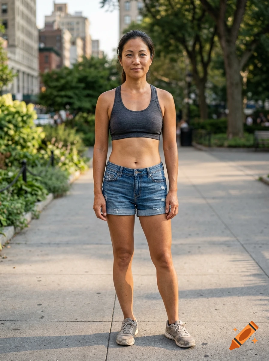 Full-body shot of an Asian woman with tan skin wearing a grey sports bra and blue denim shorts, standing on a sidewalk in a city park.