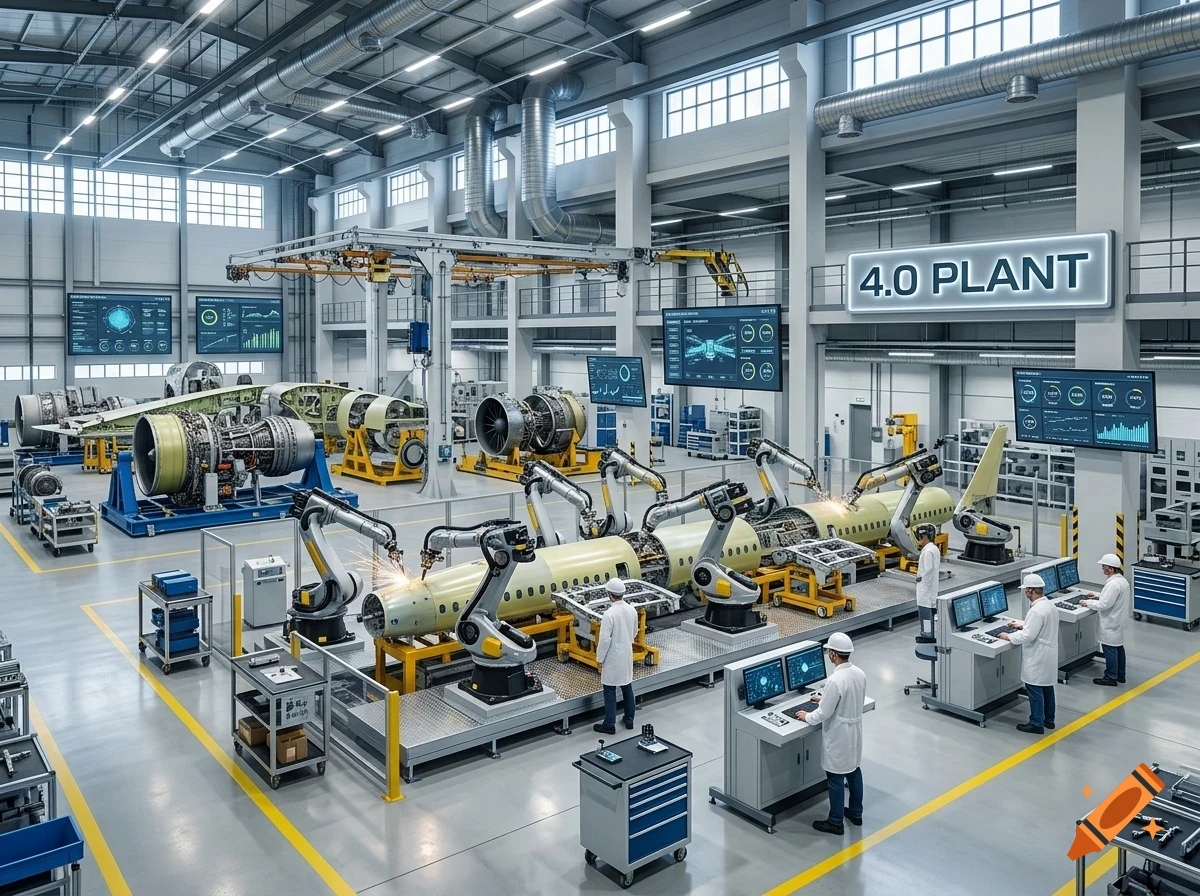 An advanced smart factory labeled 4.0 Plant featuring robotic arms assembling aircraft fuselage and components, with workers monitoring computer systems.