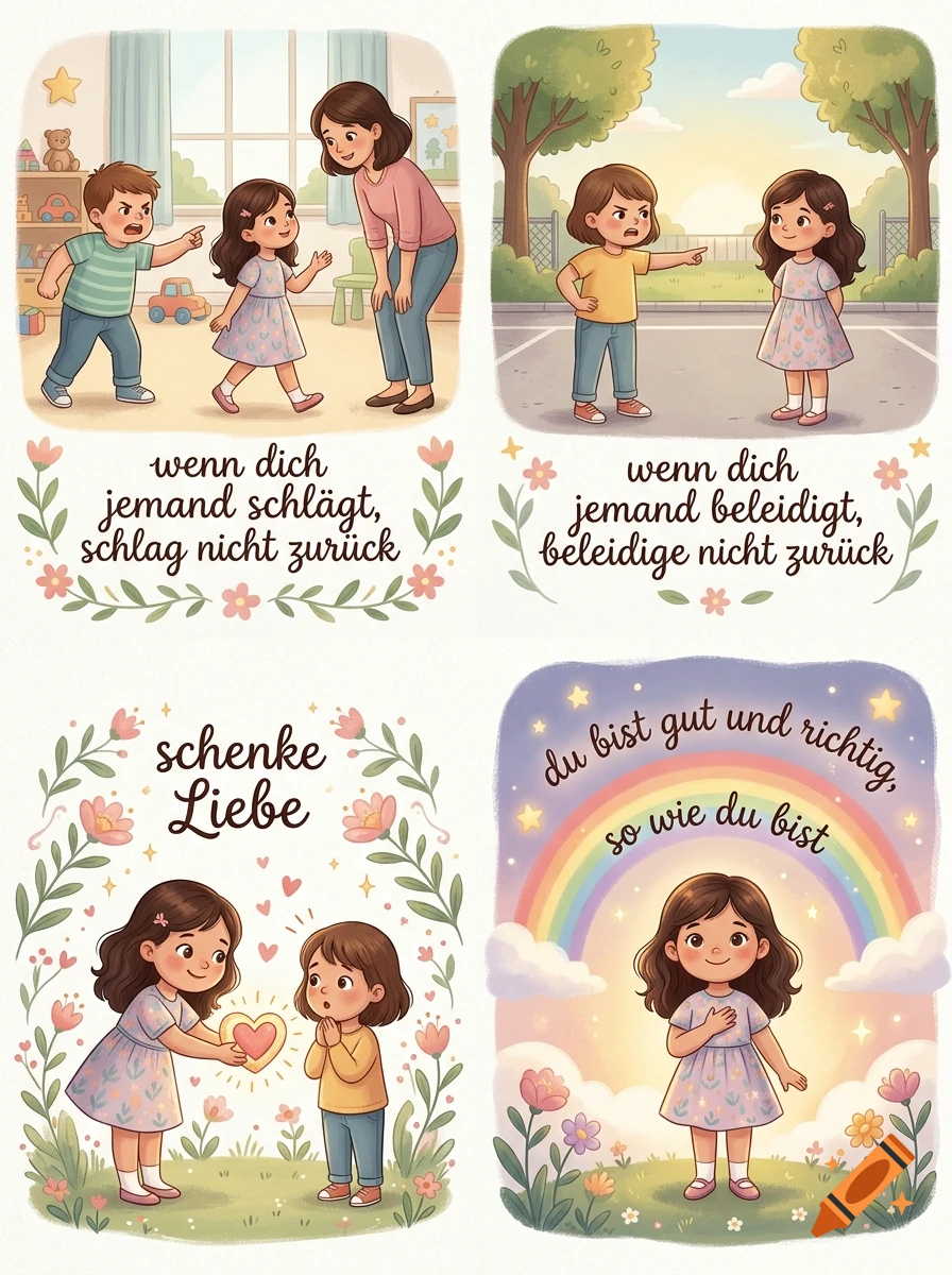 Four-panel watercolor illustration showing a young brown-haired girl in a dress with positive life advice and German text.