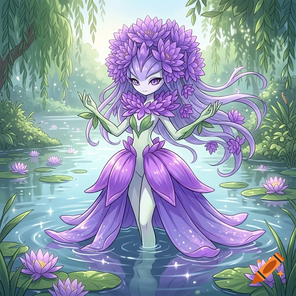 An anime-style illustration of a fantasy nature spirit with purple flower petals for hair and dress, standing in a serene river surrounded by water lilies and weeping willows.
