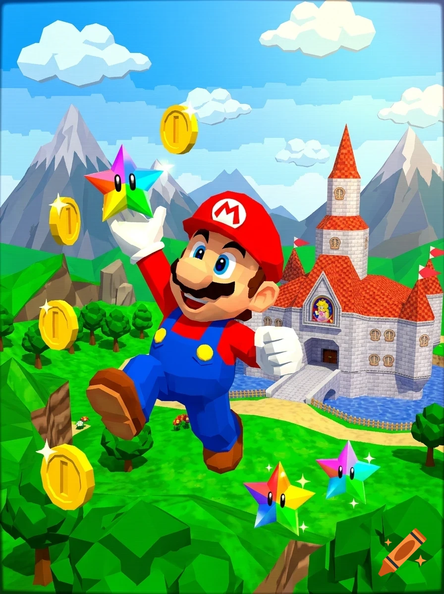 Mario jumps cheerfully in a vibrant green landscape with mountains, coins, sparkling stars, and a castle in the background.