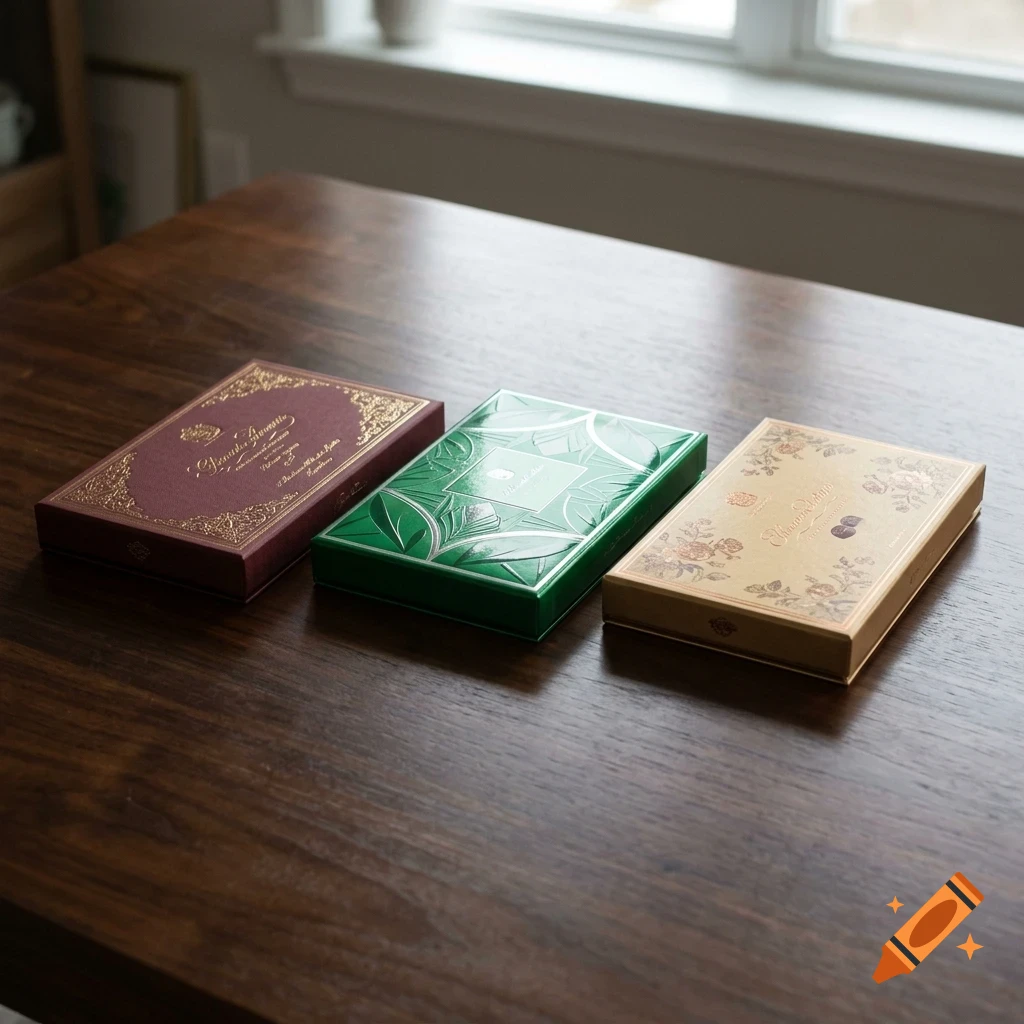 Three decorative boxes in maroon, green, and gold are placed on a dark wooden table in front of a window.