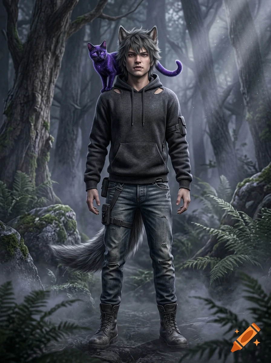Full-body concept art of a teenage wolf hybrid with grey hair, wolf ears, and a tail, standing in a misty forest with a purple cat on his shoulder.