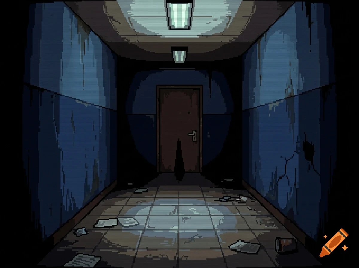 A pixel art depiction of a dark, decrepit indoor hallway with stained walls, a closed door at the end, scattered debris on the floor, and overhead lights.