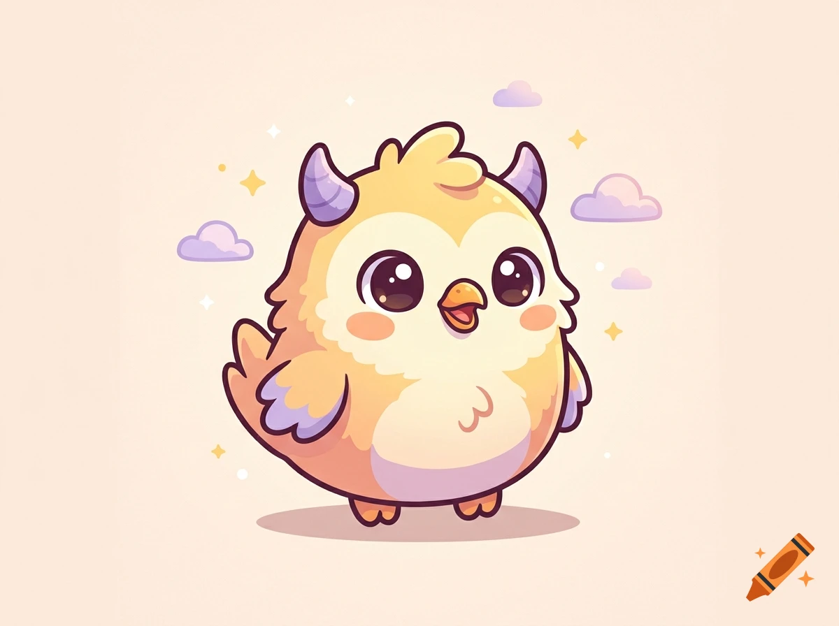 Cute cartoon style pastel yellow and purple monster chicken with big dark eyes and small horns, surrounded by tiny clouds and sparkles.
