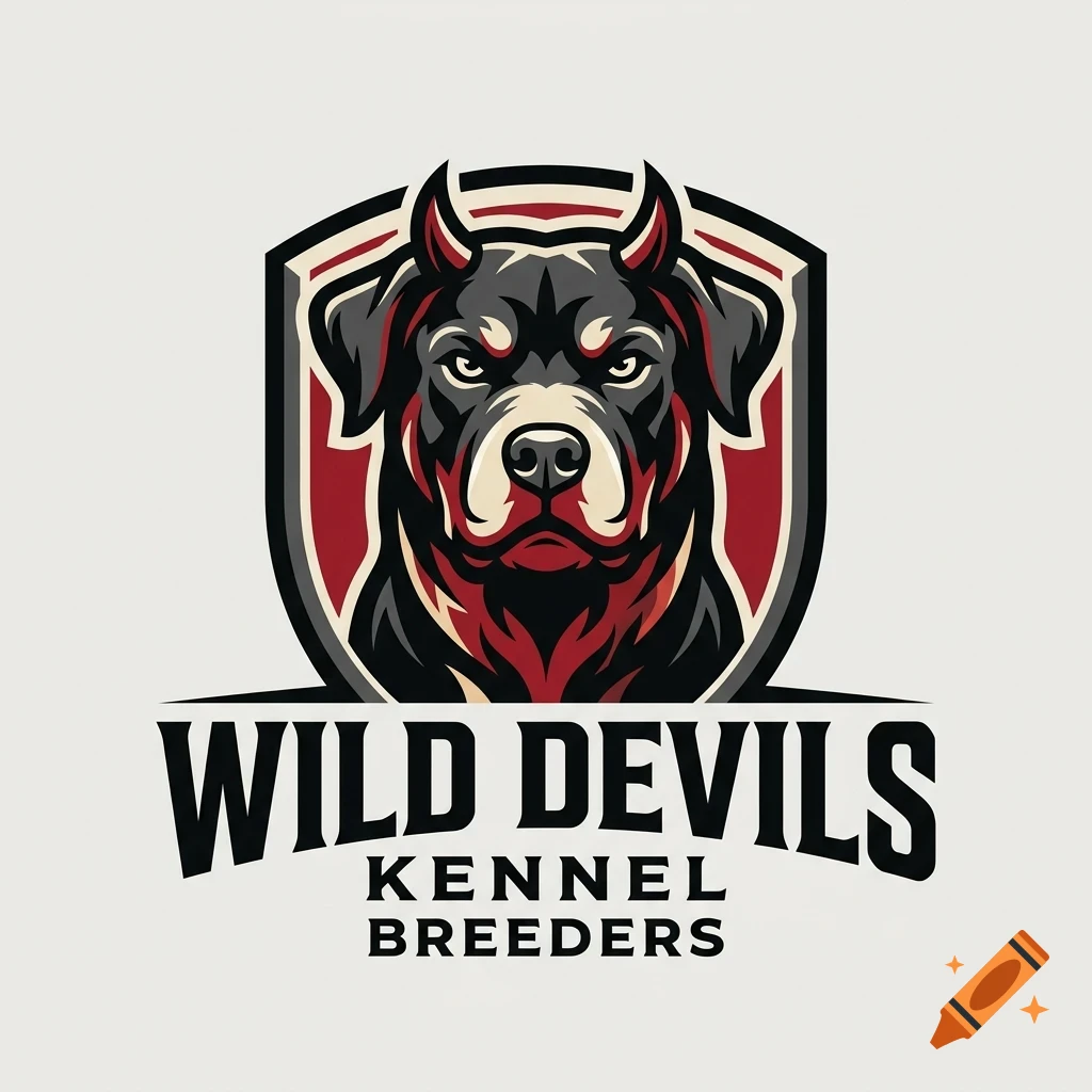 An aggressive-looking Rottweiler with small horns in a shield emblem, featuring the text WILD DEVILS KENNEL BREEDERS below.