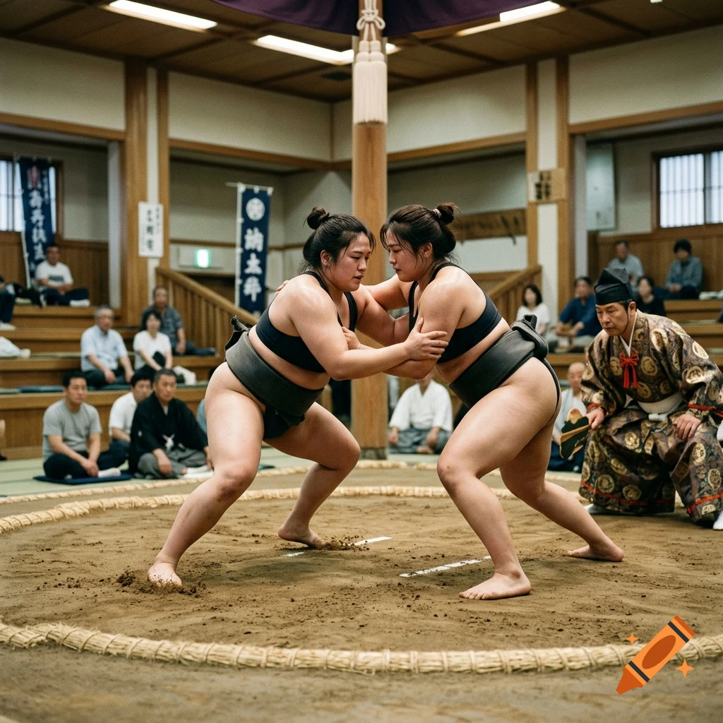 Two female sumo wrestlers grapple in the ring while a referee watches.