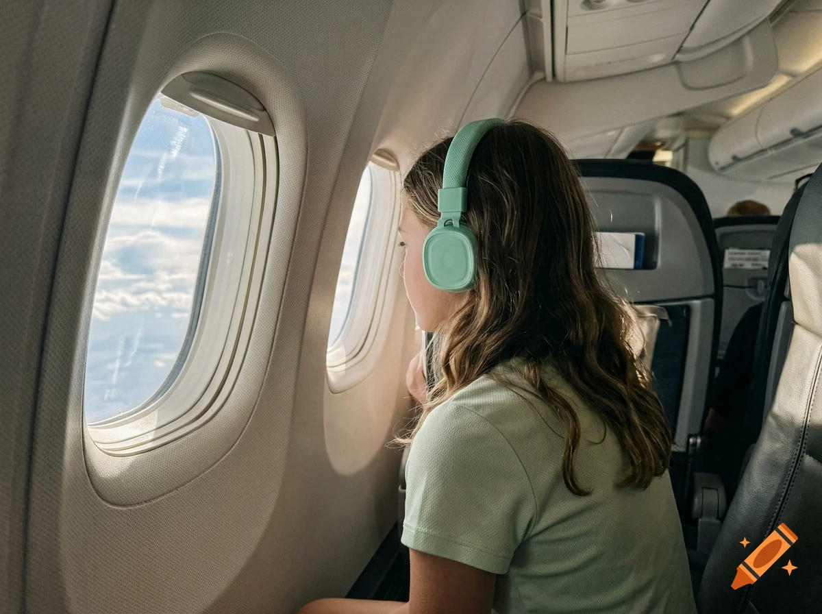 A young girl with long hair wearing teal headphones looks out the window of an airplane cabin.