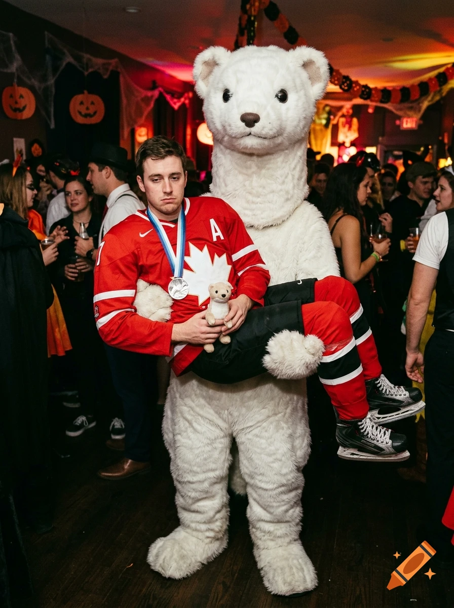 Realistic photo of a person in a giant white stoat costume carrying a dejected hockey player at a party.