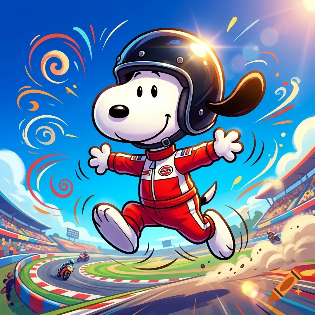 An illustrated cartoon of a white dog wearing a helmet and a red jumpsuit, joyfully leaping above a racing track.