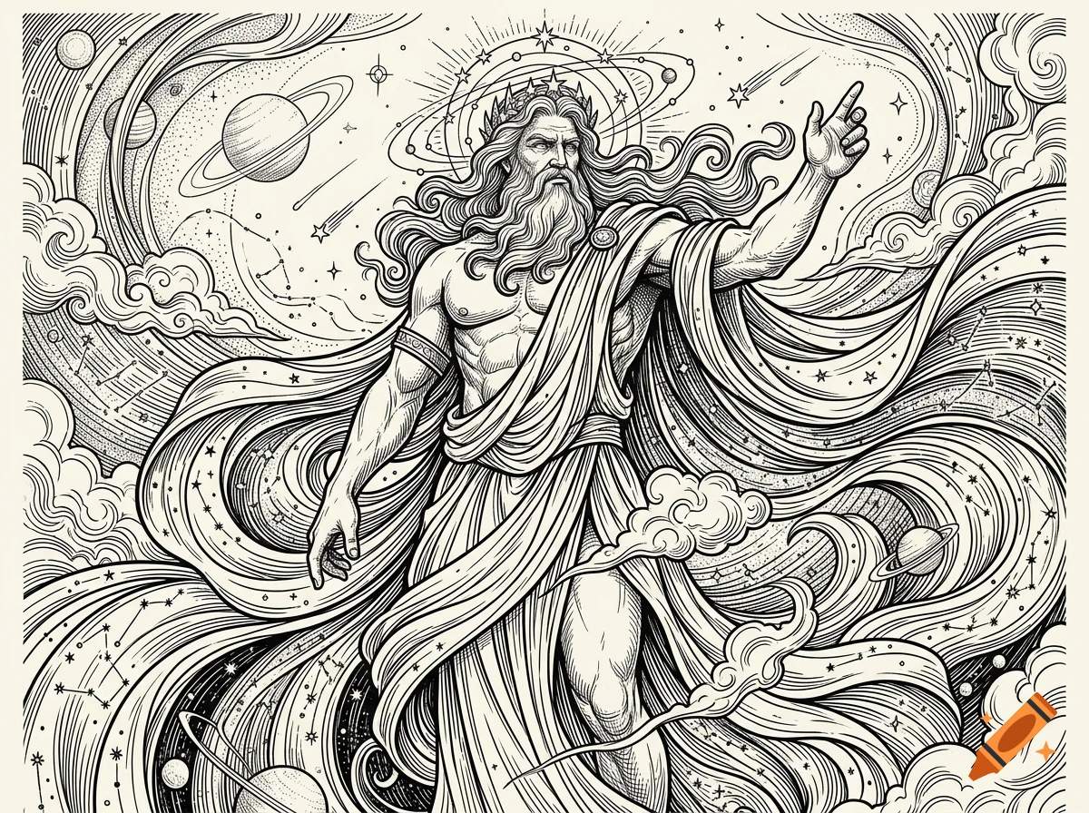 An intricate black and white illustration of a bearded mythological figure, possibly Zeus, surrounded by swirling cosmos, planets, stars, and flowing robes.