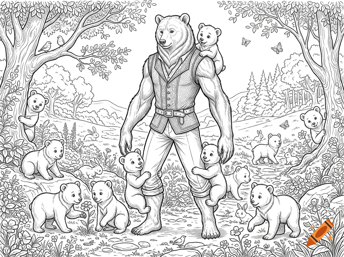 An anthropomorphic bear wearing a vest and trousers stands in a forest surrounded by many playful bear cubs, rabbits, and birds in a detailed line art style.