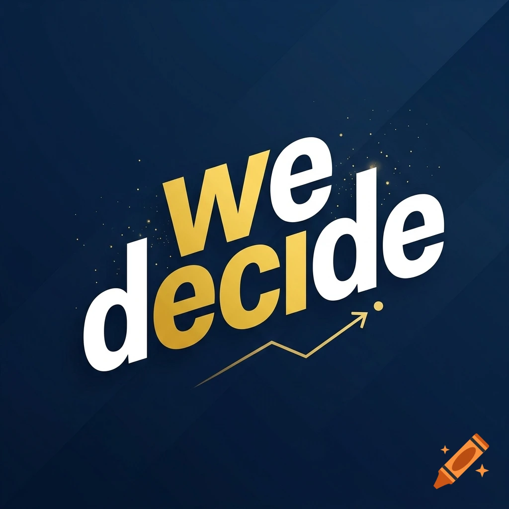 Typography graphic with the words 'we decide' in white and gold against a dark blue background with a growth chart line.