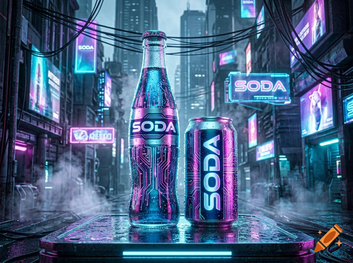 A futuristic glass bottle and can of soda with glowing purple and blue neon circuit patterns, resting on a wet platform in a cyberpunk city street.