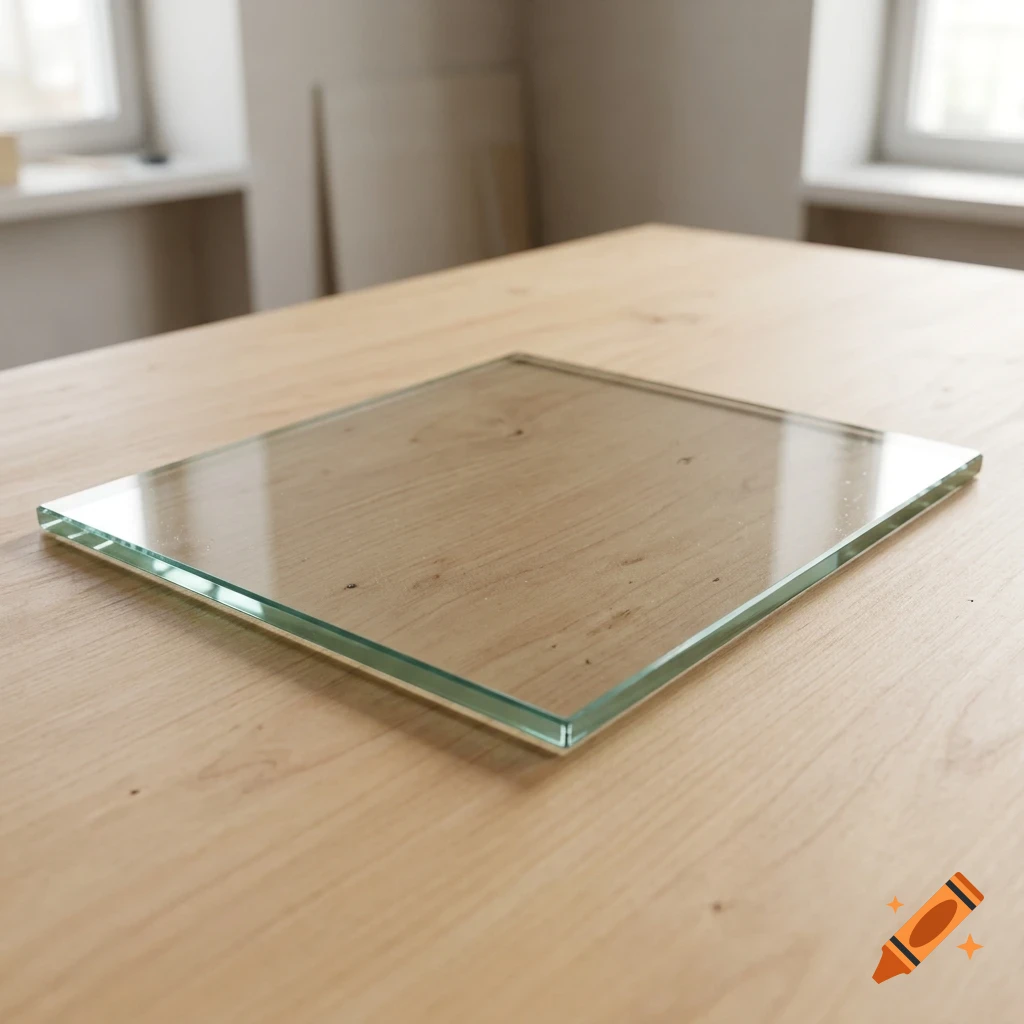 A flat rectangular glass pane rests on a wooden table.