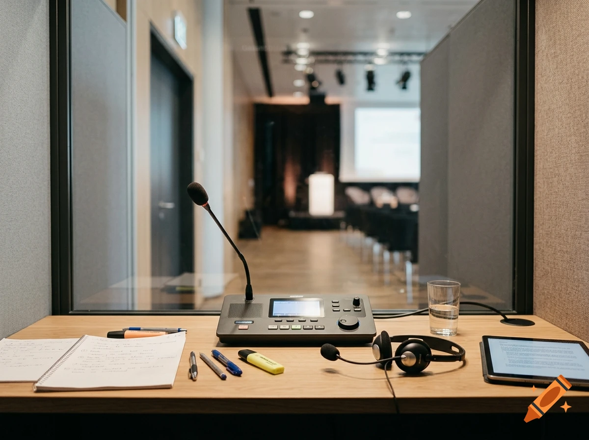 Photorealistic view from inside an interpretation booth featuring a desk with a microphone, notepad, tablet, and headphones.